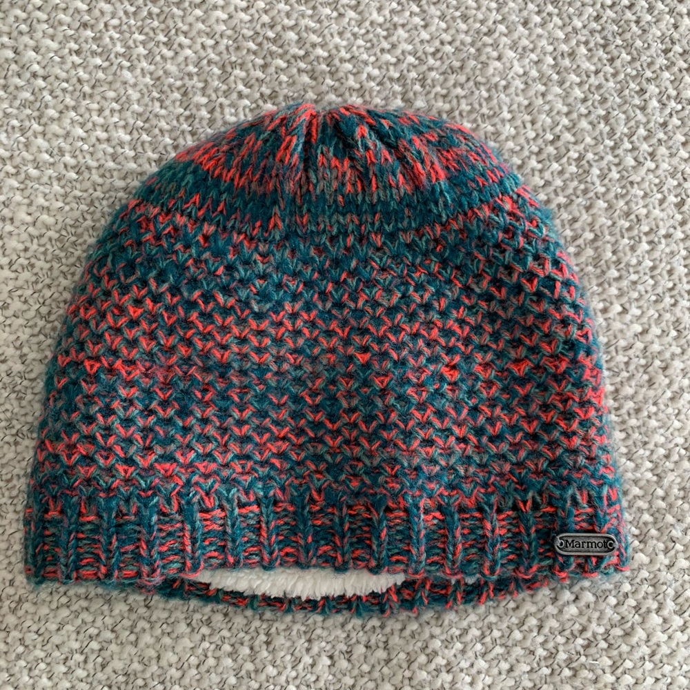Blue and hot pink marmot hat